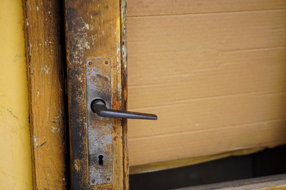 Detail of a metal door handle and lock